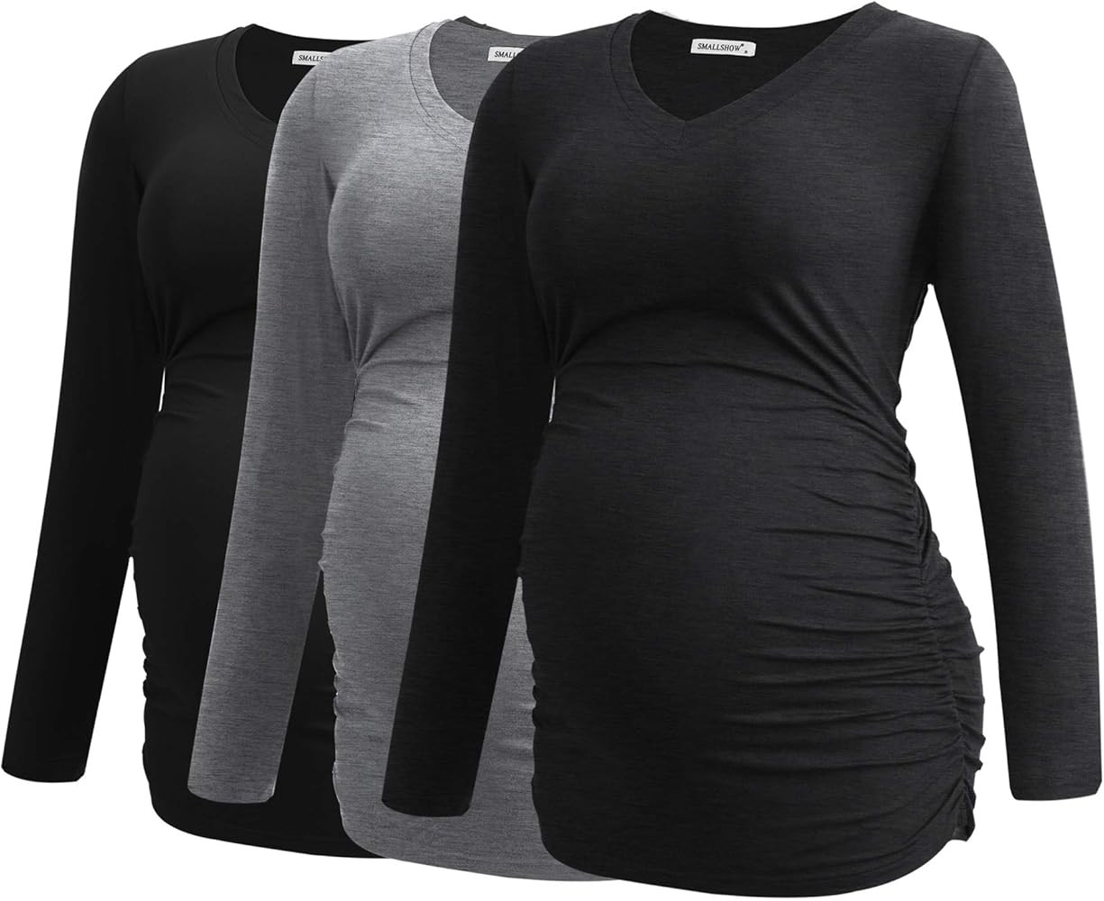 Smallshow Women's V-Neck Maternity Shirt Clothes Long Sleeve Ruched Pregnancy Top | Amazon (US)