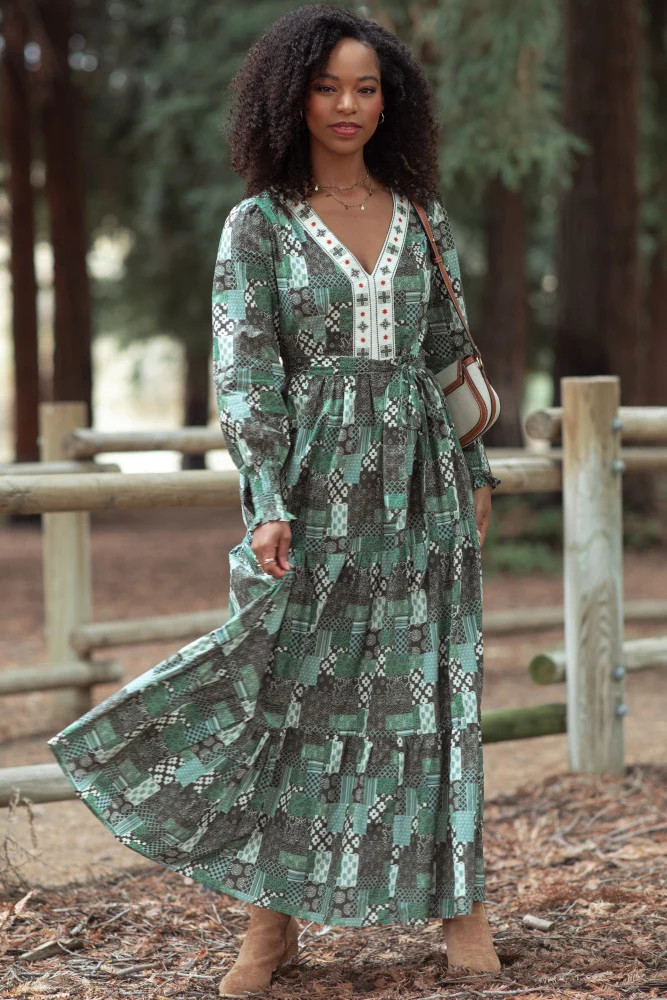 Olive Patchwork Print Tiered Long Sleeve Maxi Dress | PinkBlush Maternity