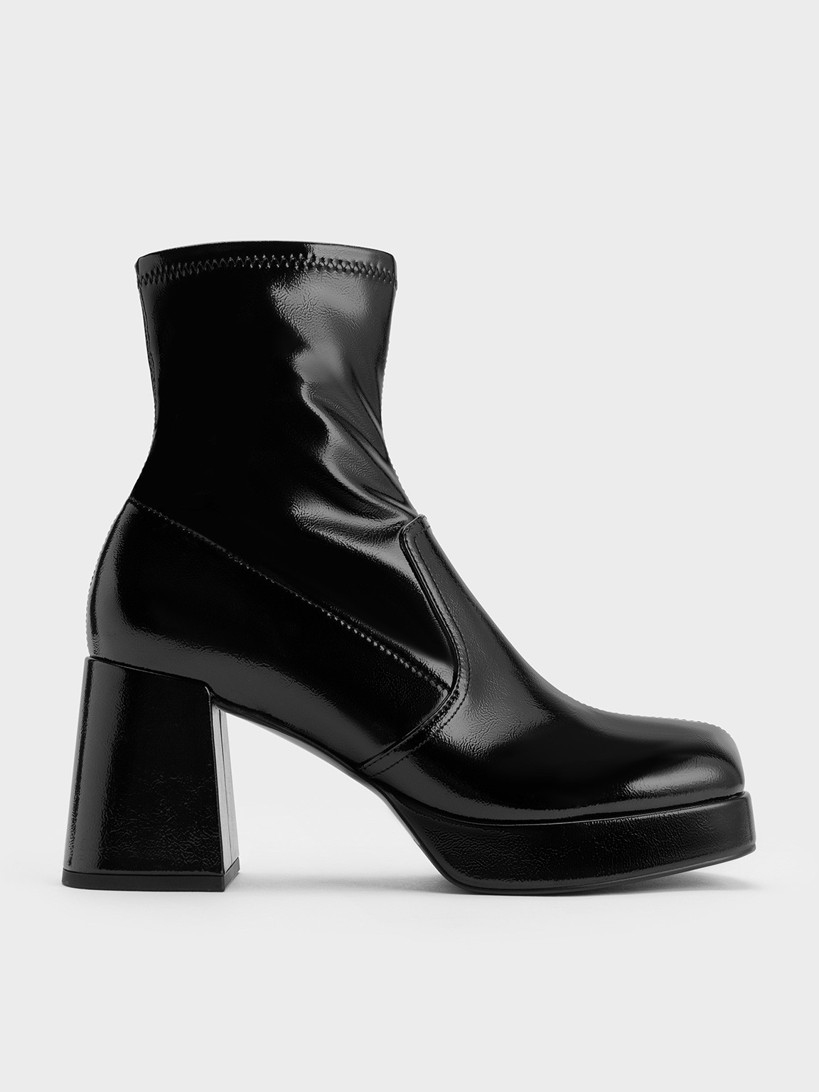 Patent Crinkle-Effect Block-Heel Boots
 - Black Patent | Charles & Keith US