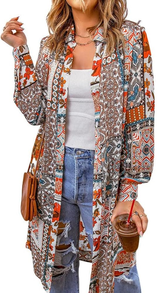 Dokotoo Womens 2023 Summer Kimono Cardigans Floral Boho Beach Cover Up Button-Down Long Sleeve Sh... | Amazon (US)
