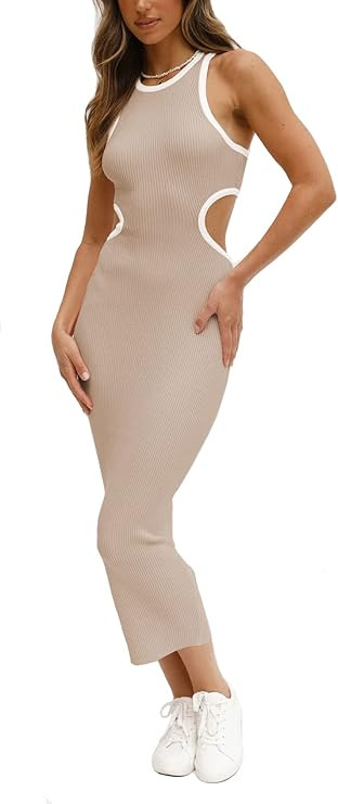 NauLon Womens Sexy Cut Out Waist Open Back Bodycon Dress Ankle Length Ribbed Party Club Midi Mini... | Amazon (US)