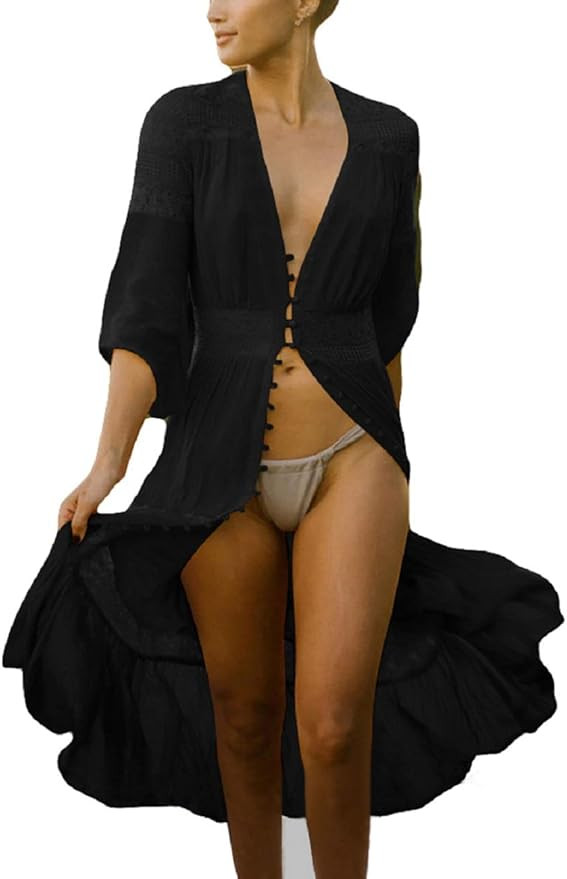 Bsubseach Women Sexy Lace Crochet Open Front Swimsuit Beach Long Kimono Cover Ups | Amazon (US)