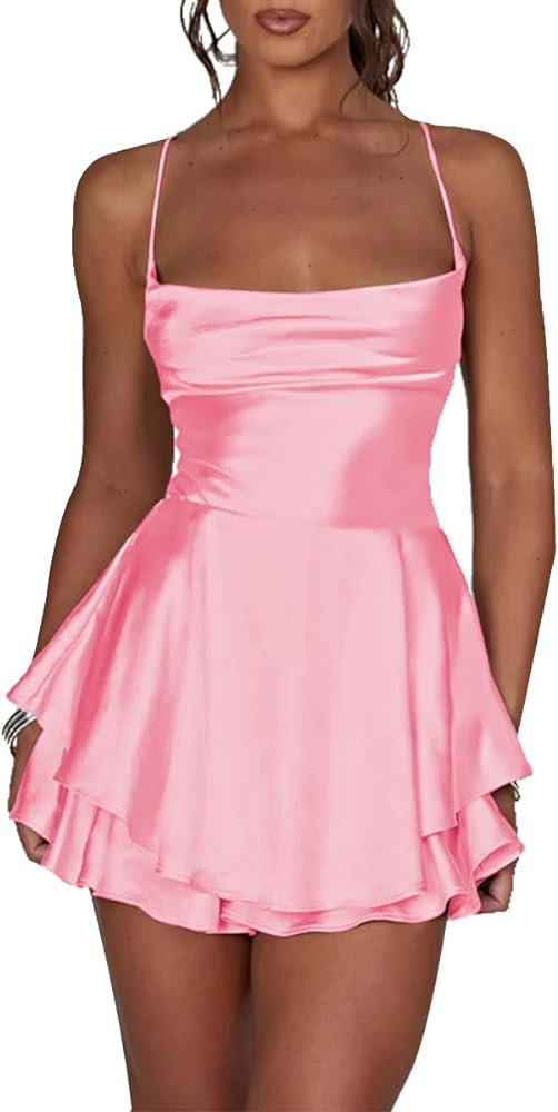 LuFeng Women's Elegant Satin A-line Summer Sleevesless Rompers Bandage Back Spaghetti Strape Tier... | Amazon (US)