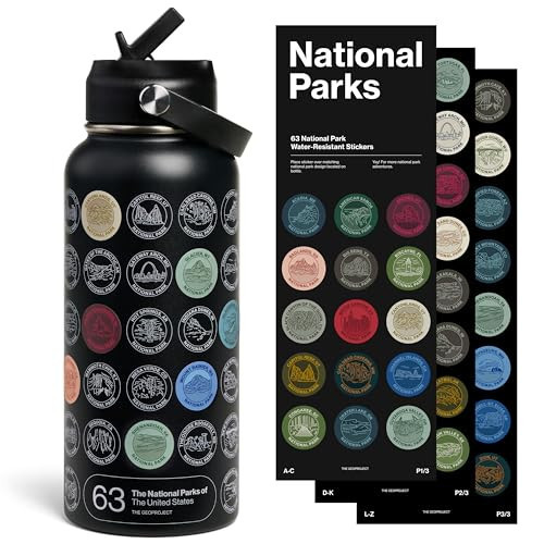 National Parks Water Bottle with Stickers Kit, Adventure Flask with Straw, Waterproof Stickers for Water Bottle, Insulated Stainless Steel 32oz (Black) | Amazon (US)
