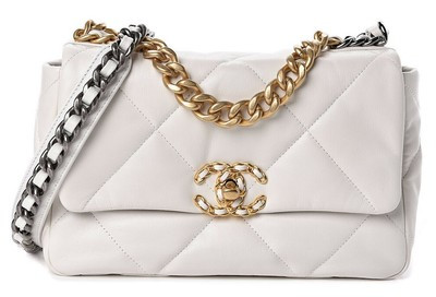 Chanel 19 Small 20A White Leather Quilted Gold Silver CC Chain Flap Shoulder Bag | eBay US