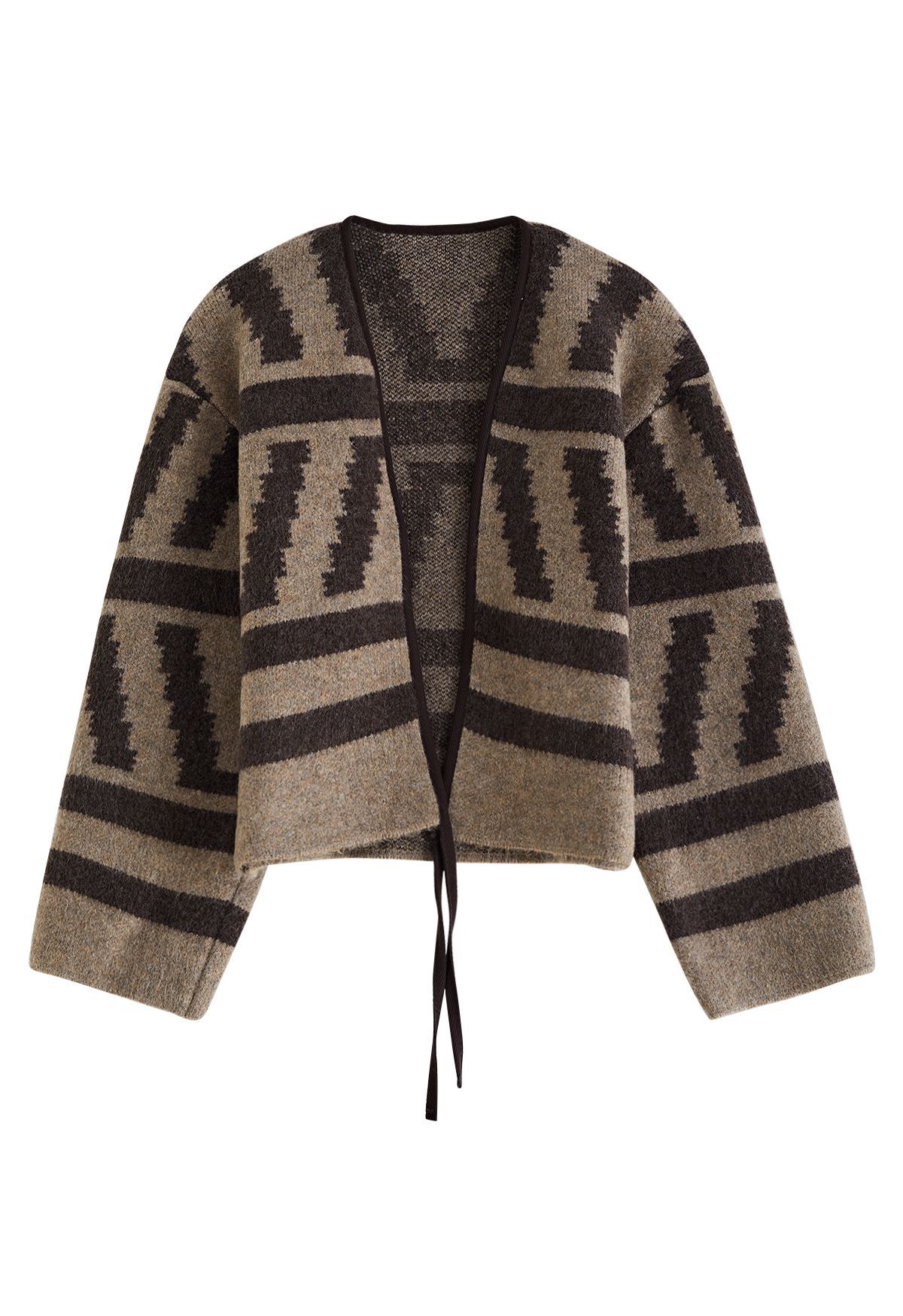 Tie-String Open Front Striped Knit Cardigan in Brown | Chicwish