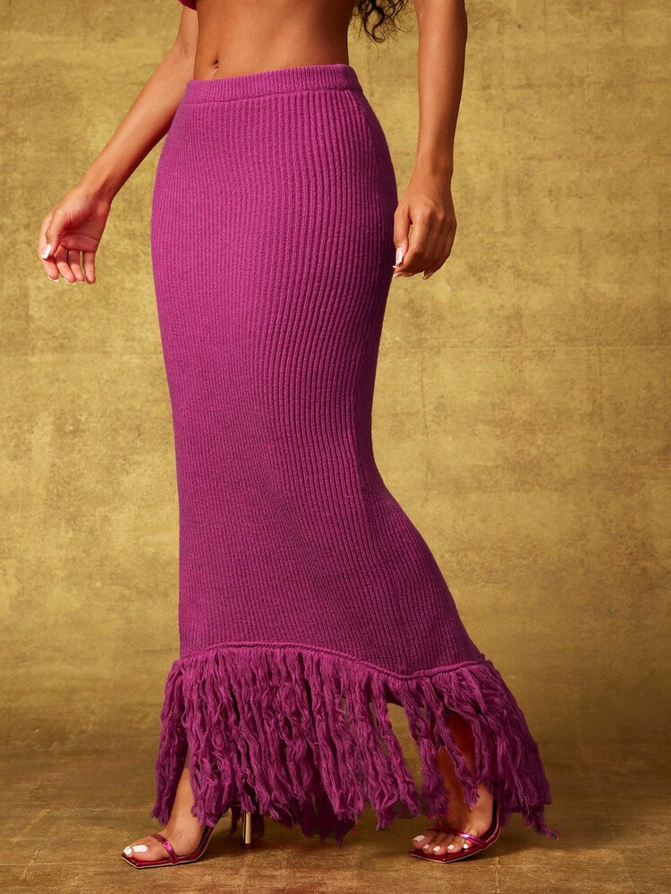 Vixey Berry Fringe Hem Rib Waistband Maxi Sweater Skirt | SHEIN