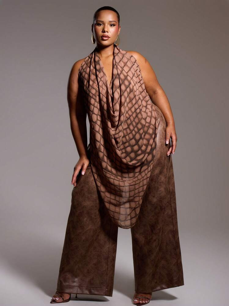MUSERA Plus Size Chiffon Crocodile Printed Halterneck Backless Extreme Cowl Going Out Top | SHEIN