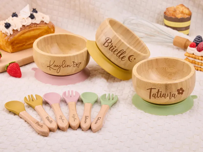 Personalized Bamboo Baby Bowl & Spoon Set: Engraved First Birthday Gift - Etsy | Etsy (US)