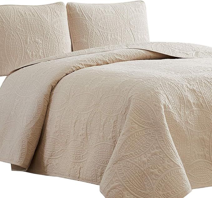 Mellanni Bedspread Coverlet Set Beige - Bedding Cover - Oversized 3-Piece Quilt Set (Full/Queen, ... | Amazon (US)