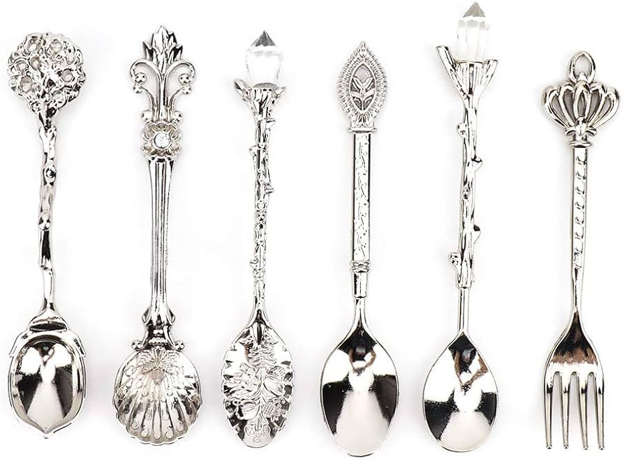 Fdit 6Pcs/Set Vintage Carved Coffee Spoon Teaspoon Retro Zinc Alloy Dessert Coffee Tableware Spoons Cutlery Kitchen(Silver) | Amazon (US)