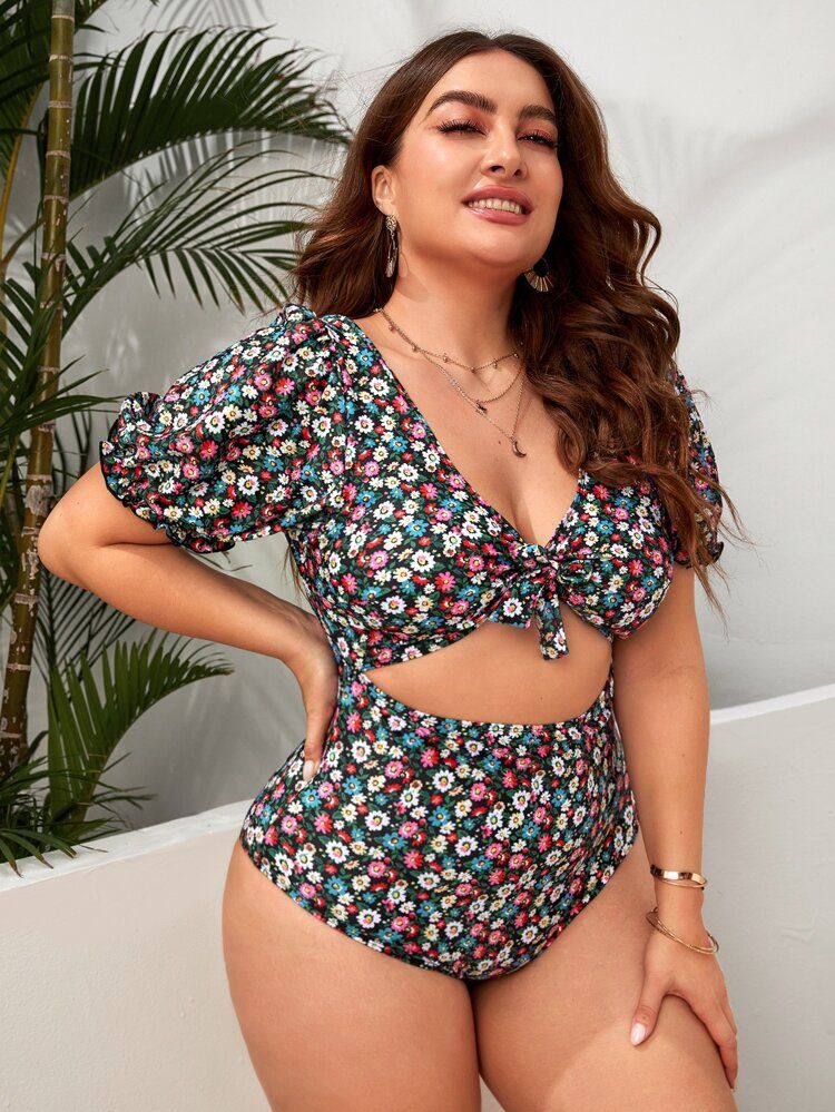 Plus Ditsy Floral Cut-out Knot One Piece Swimsuit | SHEIN