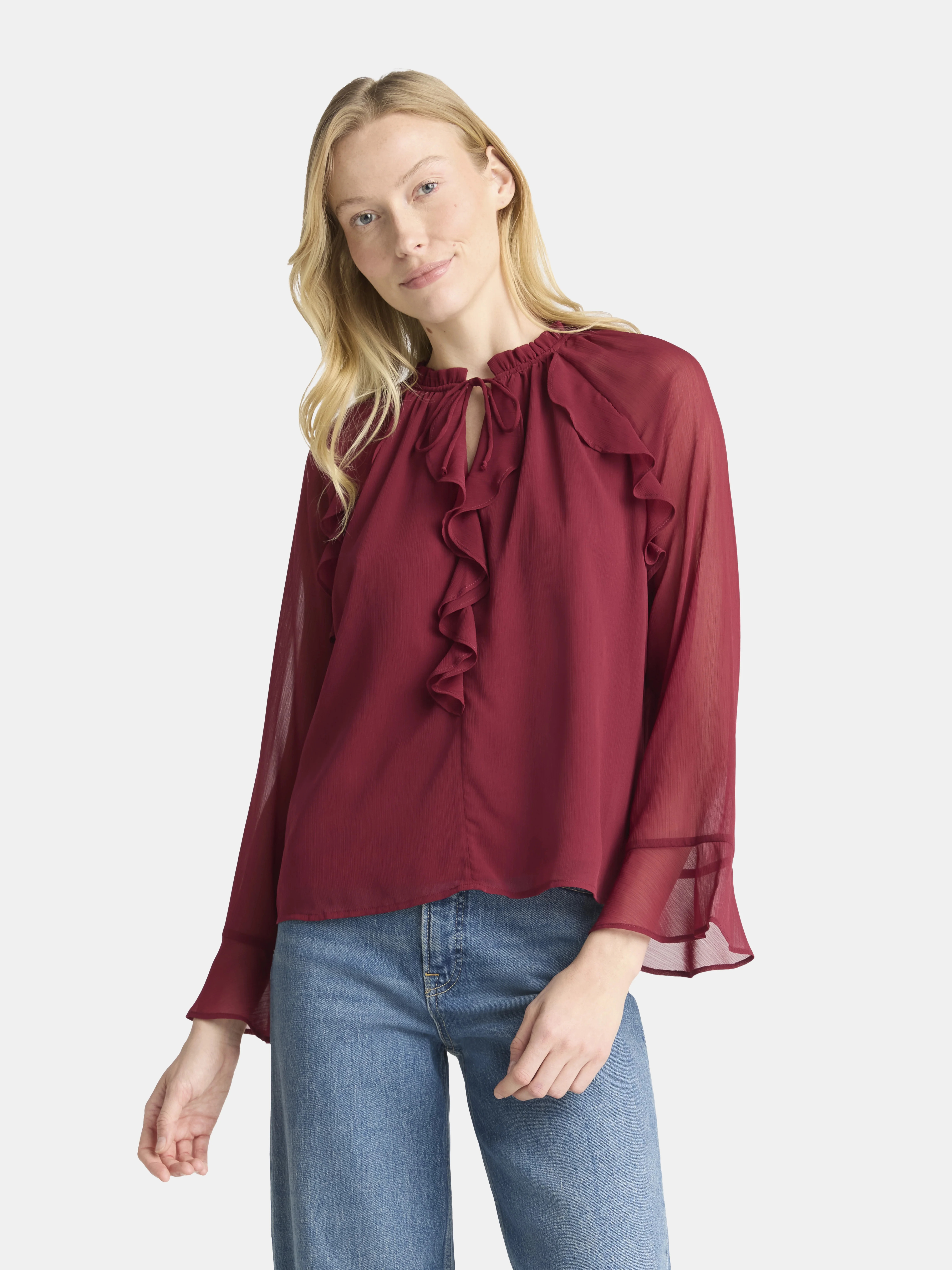 Time and Tru Women's Ruffle Blouse with Long Sleeves, Sizes XS-XXXL - Walmart.com | Walmart (US)
