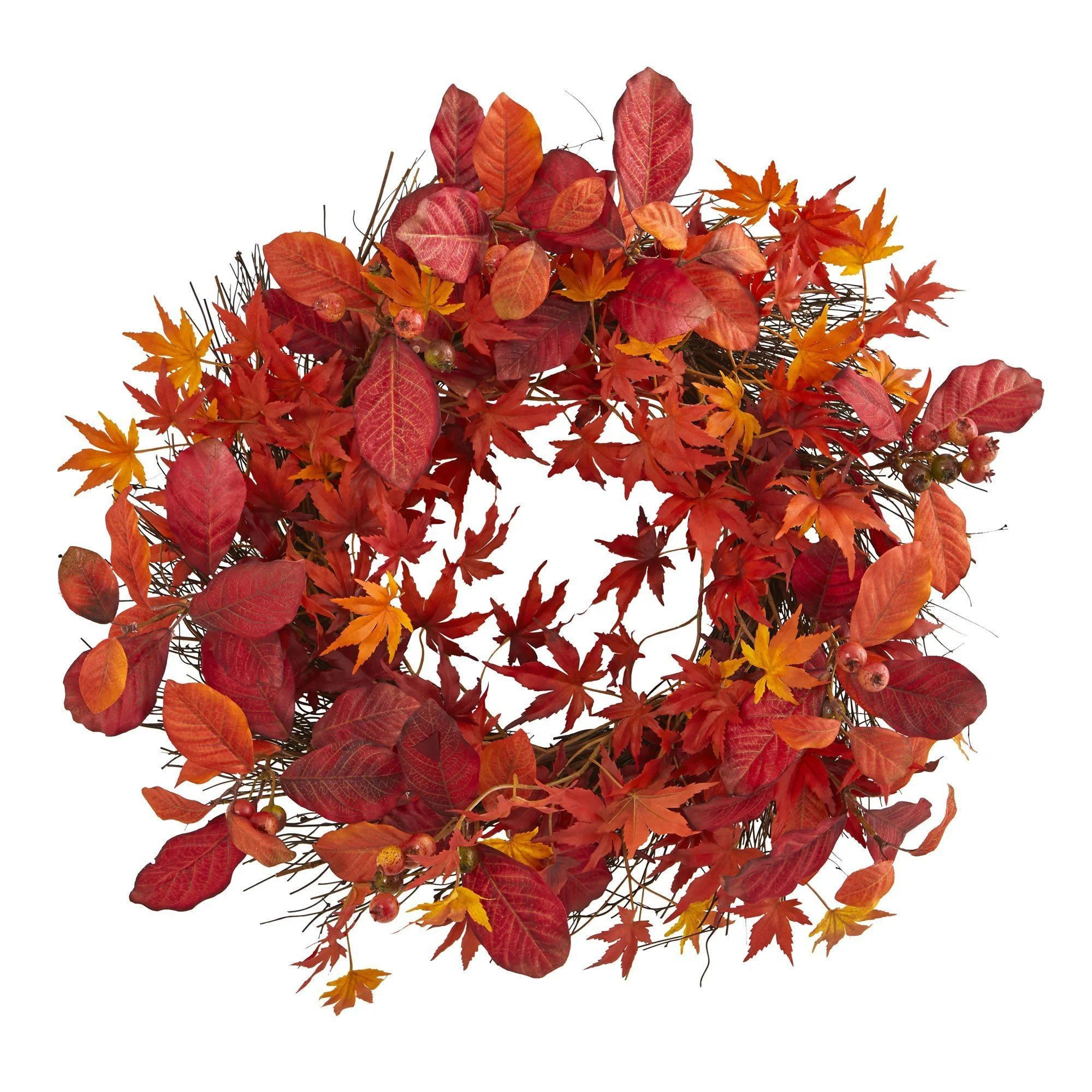 22” Japanese Maple, Magnolia Leaf and Berries Artificial Wreath | Nearly Natural | Nearly Natural
