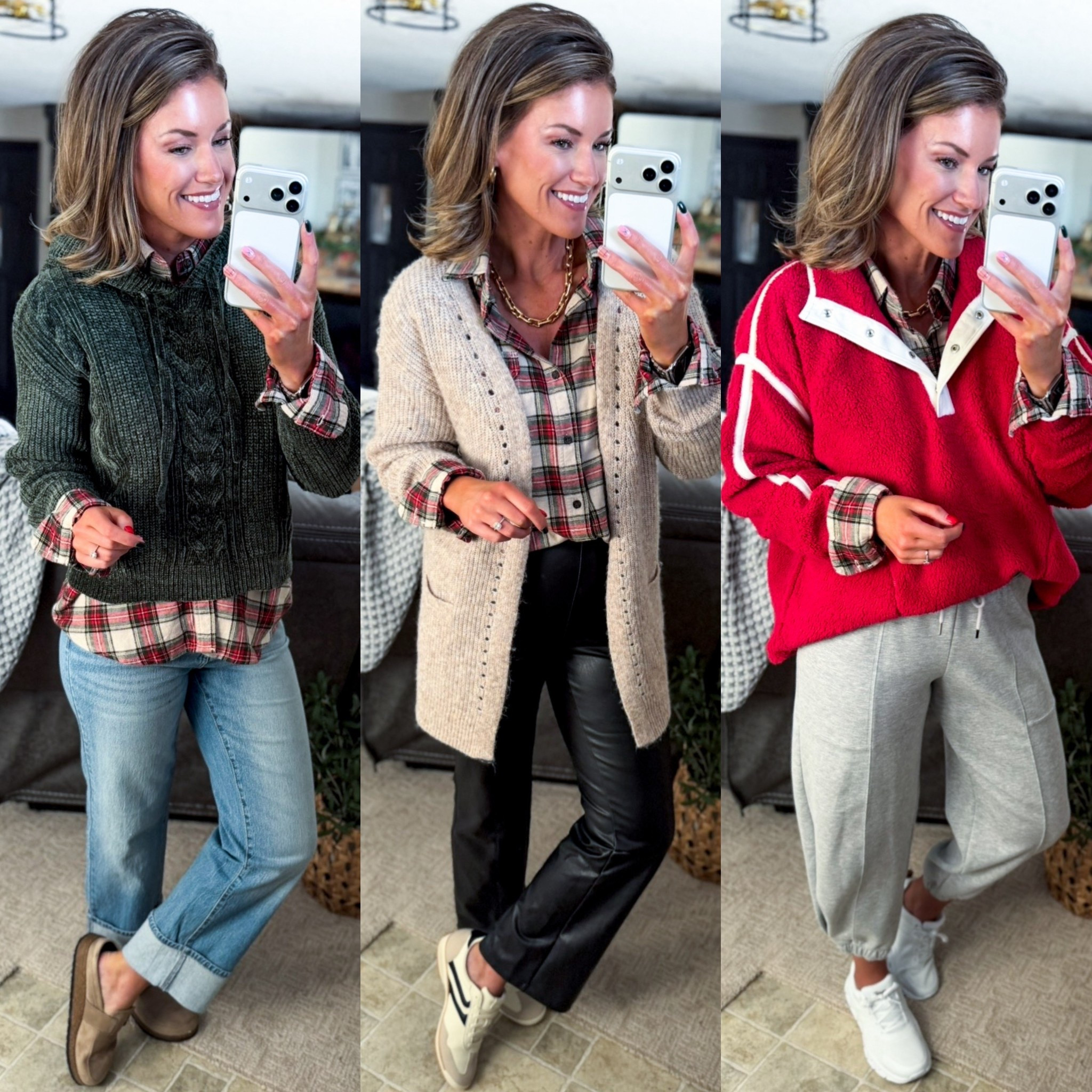 This plaid button down has been a top seller for weeks  So I figured it would be helpful to style it a few more ways. 
Button down/ medium
Green sweater/ medium
Jeans/ 6
Cardigan / small
Faux leather pants/ mediumm
Pullover/ 0X
Joggers/ small 