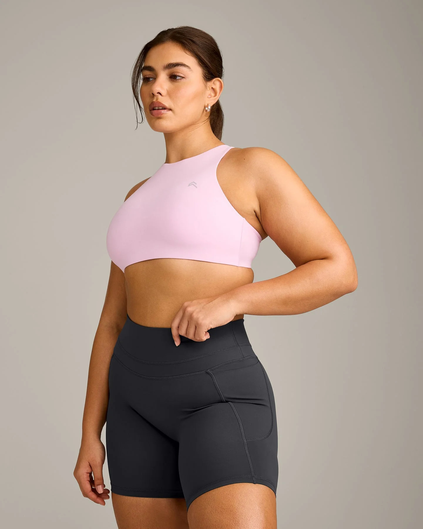 EasyLift™ High Neck Sports Bra with Grey Logo 
 Chalk Pink | Oner Active (UK / US)