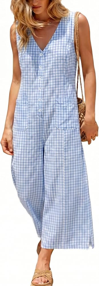 UANEO Women's Button Down Gingham Plaid Jumpsuit Casual Daily Sleeveless Wide Leg Romper Relaxed ... | Amazon (US)