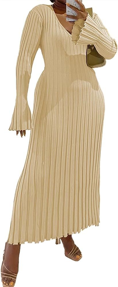 Women Ribbed Knit Maxi Dress Long Sleeve V Neck Slim Fit Bodycon Pencil Long Dress Party Clubwear | Amazon (US)