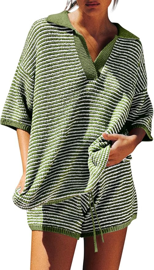 Tankaneo Womens Sweater Set 2 Piece Outfits Oversized 3/4 Sleeve V Neck Knit Tops High Waisted Sh... | Amazon (US)