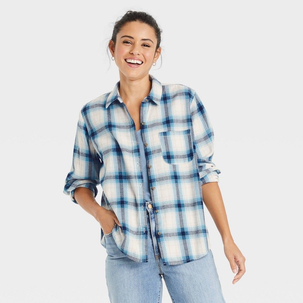 Women's Long Sleeve Flannel Button-Down Shirt - Universal Thread Navy Plaid M, Blue Plaid | Target