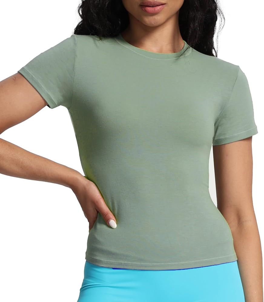 Aoxjox Women's Short Sleeve Tops Crew Neck Slim Fit Wokout Basic High Elastic Cotton T-Shirt Tee ... | Amazon (US)