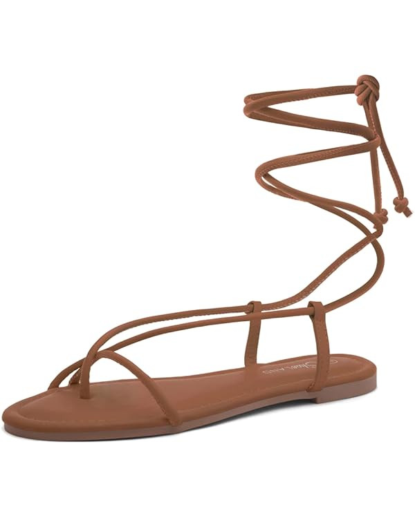 Shoe Land Womens SL-Auday Lace Up Flat Sandals Open Toe Wrap Ankle Strap Shoes | Amazon (US)