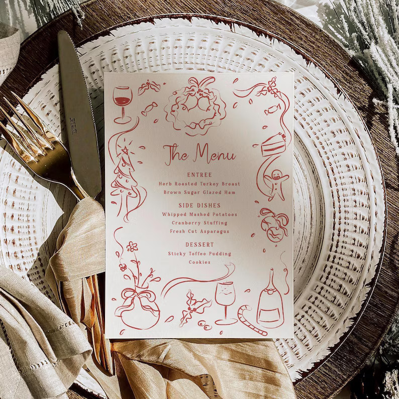 Christmas Menu Hand Drawn Holiday Party Dinner Menu Whimsical Bow Frame Menu Template Editable Co... | Etsy (US)