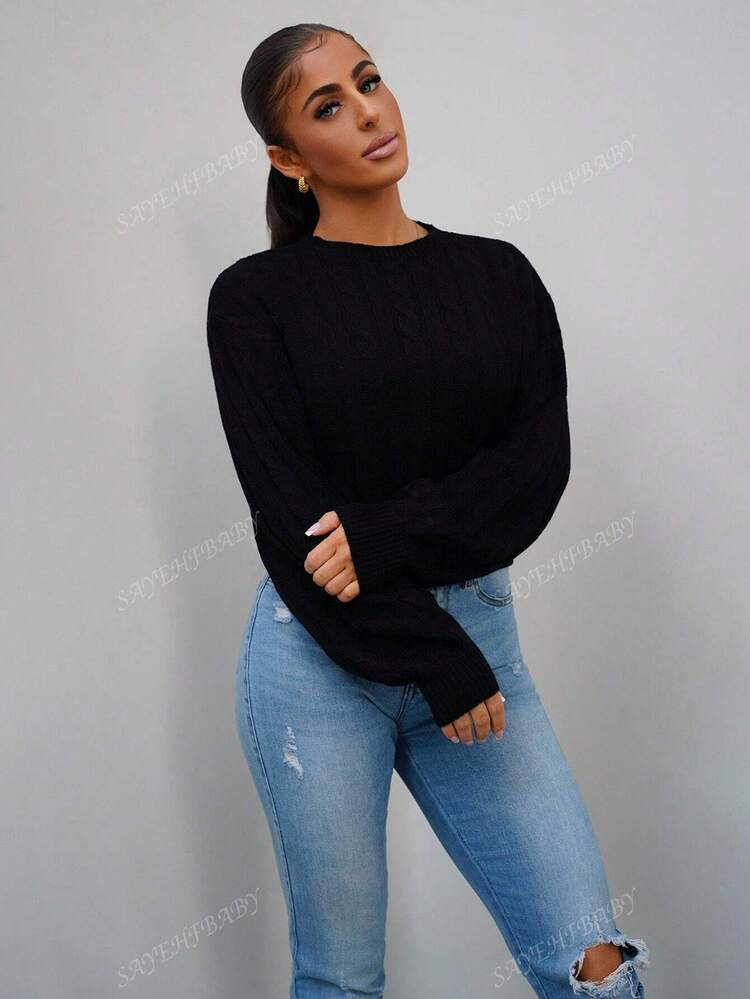 SAYEHFBABY Women Casual Solid Color Dropped Shoulder Drop Shoulder Cable Knit Cropped Sweater,Lon... | SHEIN