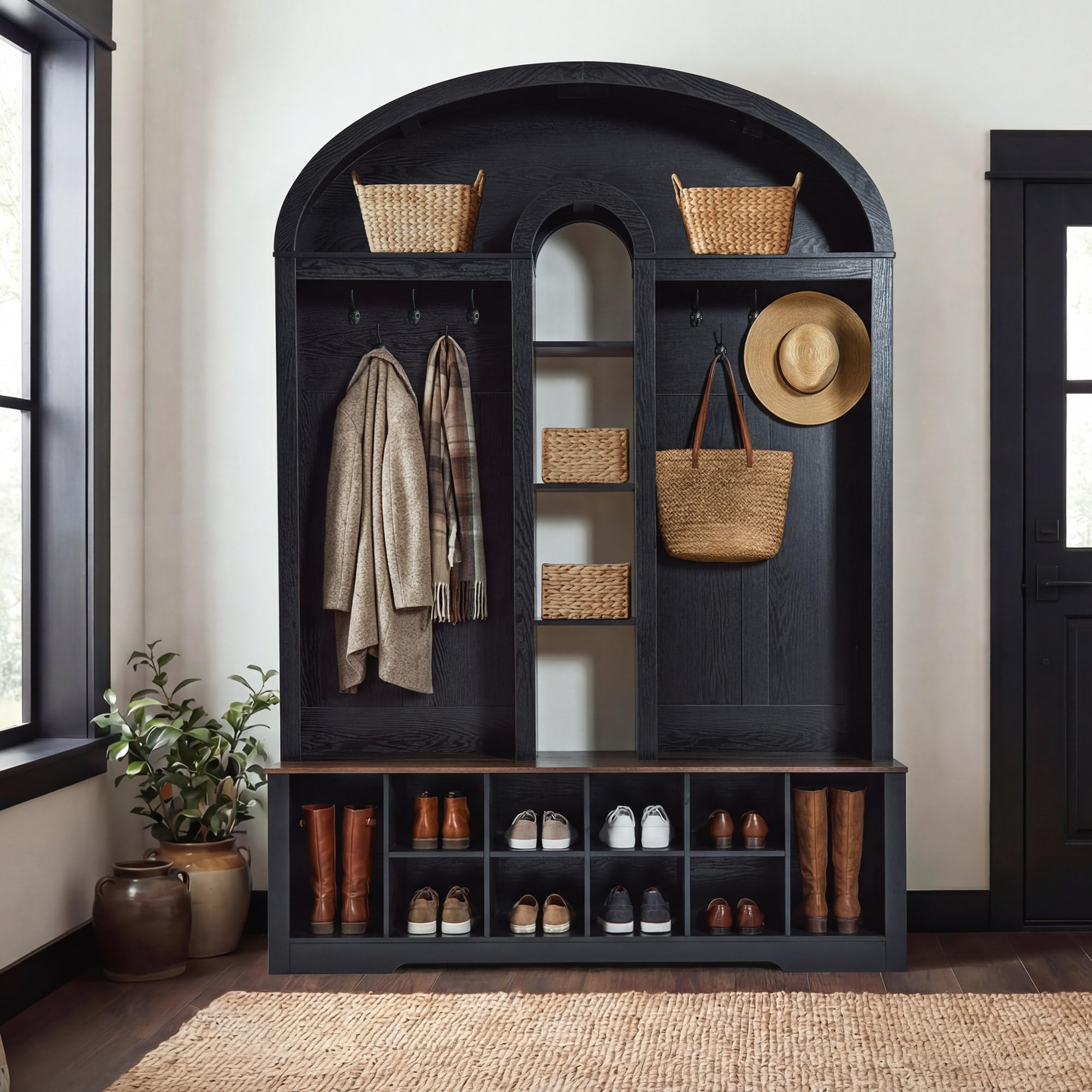 DWVO 59" W Hall Tree with Shoe Storage, Arched Entryway Bench with Coat Rack, 10 Shoe Cubbies She... | Amazon (US)