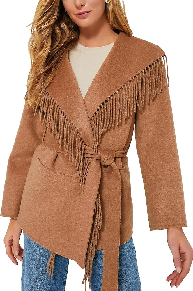 SCOFEEL Women Elegant V-Neck Long Sleeves Fringe Jacket Open Front Belted Coat Outwear with Pocke... | Amazon (US)