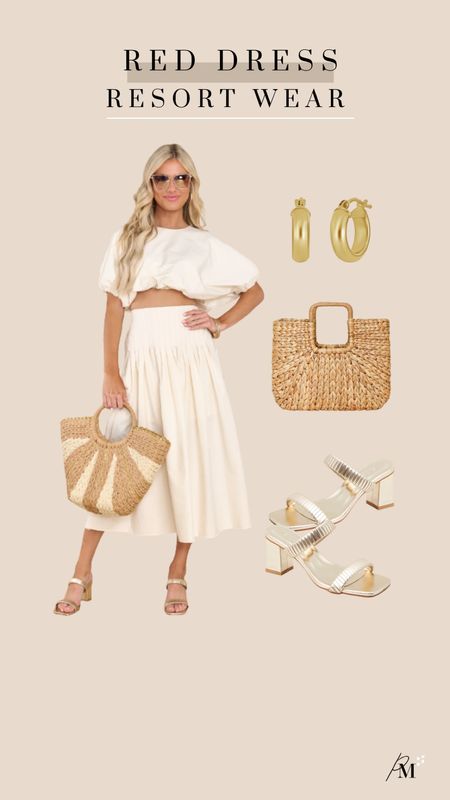 red dress two piece set (perf neutral) 
target rattan bag 
gold hoop earring 
antique gold heels 

#LTKFind #LTKstyletip #LTKtravel