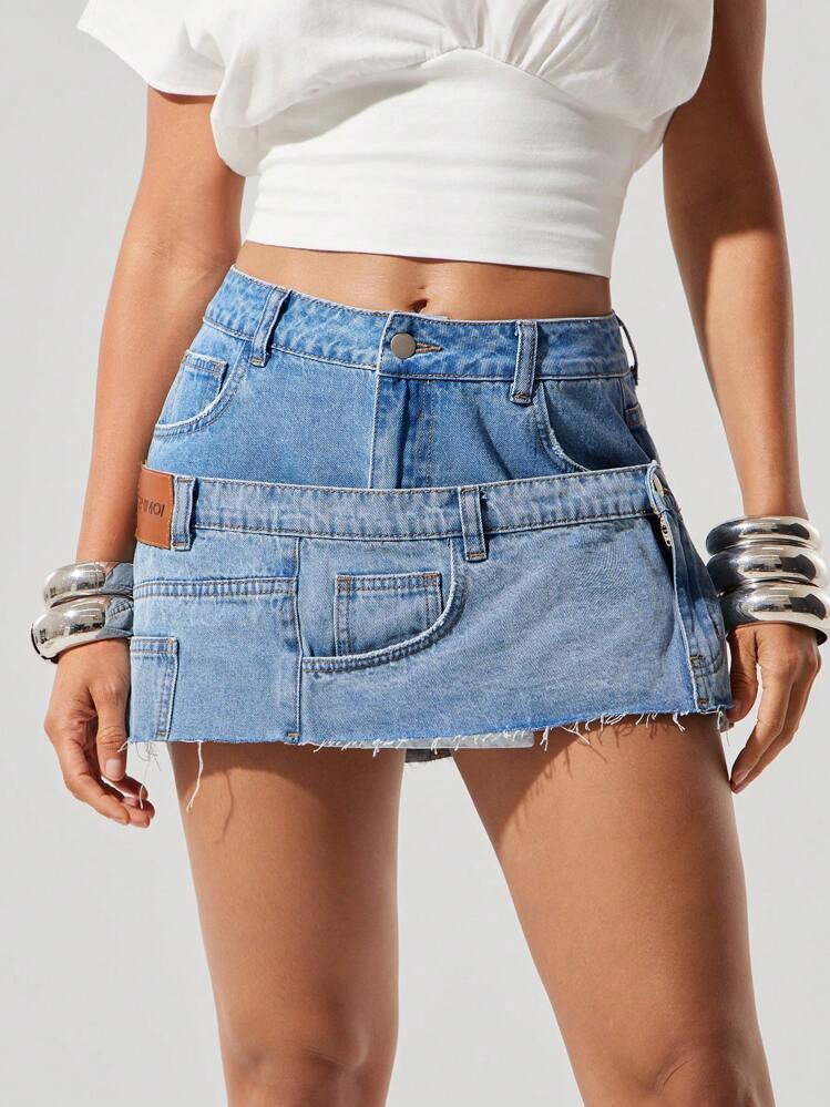Denimoi Stacked Waist Low Rise Raw Hem Denim Micro Mini Skirt | SHEIN