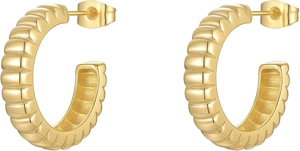 Classic Stripe Hoop Earring Stainless Steel Small C-shaped Hoops Earrings for Women Gold and Silv... | Amazon (US)