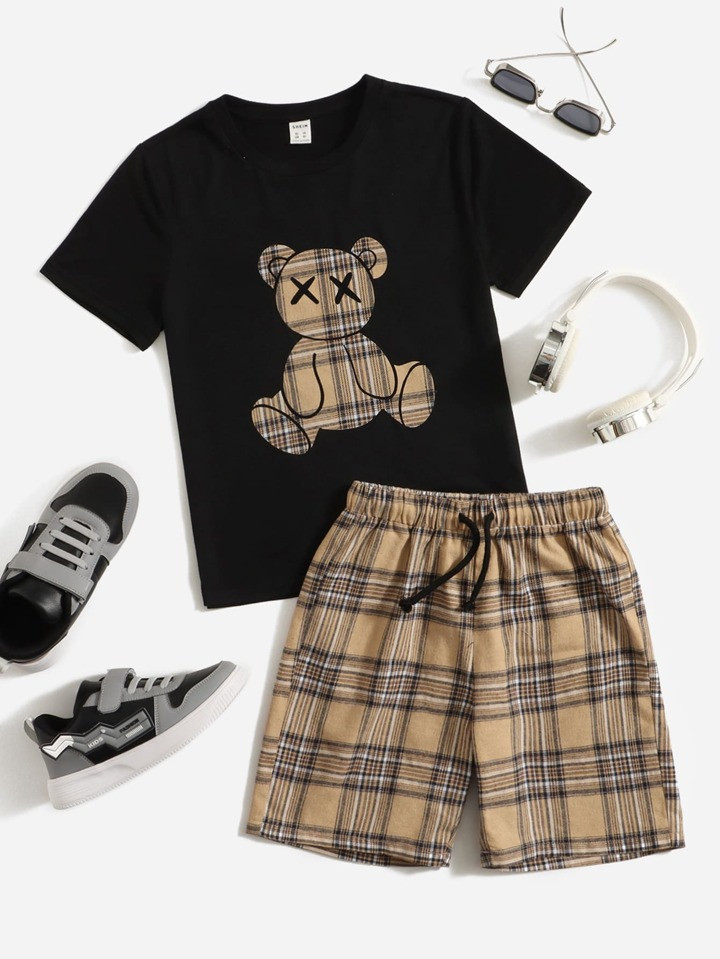 SHEIN Kids QTFun Boys Tartan & Bear Print Tee & Shorts Set | SHEIN