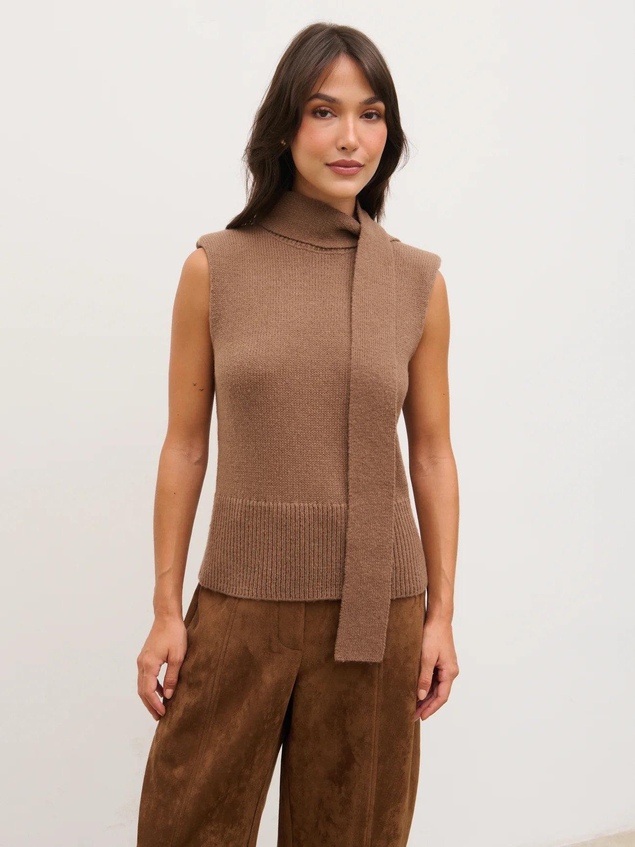 Matilda Sleeveless Relaxed Knit Top with Scarf - Chestnut | Pretty Lavish (UK)