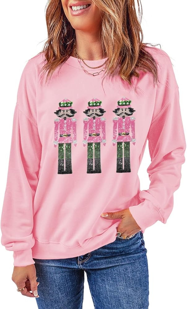 Women's Pink Christmas Nutcracker Graphic Drop Shoulder Sweatshirt | Amazon (US)