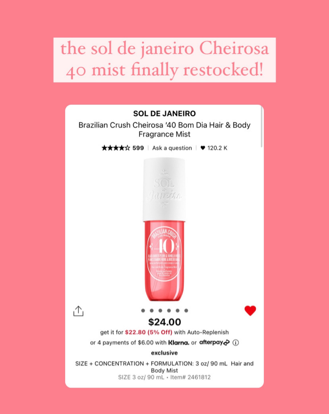 The sol de janeiro Cheirosa 40 spray finally restocked! Grab it before it sells out again 💕



#LTKsalealert #LTKFind #LTKbeauty