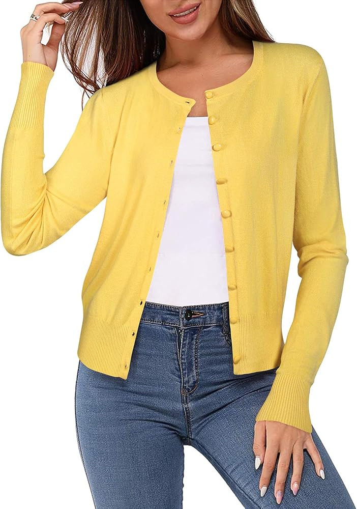 Newshows Women's Solid Button Down Long Sleeve Classic Crew Neck Knit Cardigan Sweater | Amazon (US)