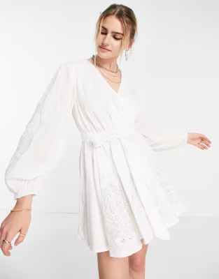 River Island embroidered wrap mini dress in white | ASOS (Global)