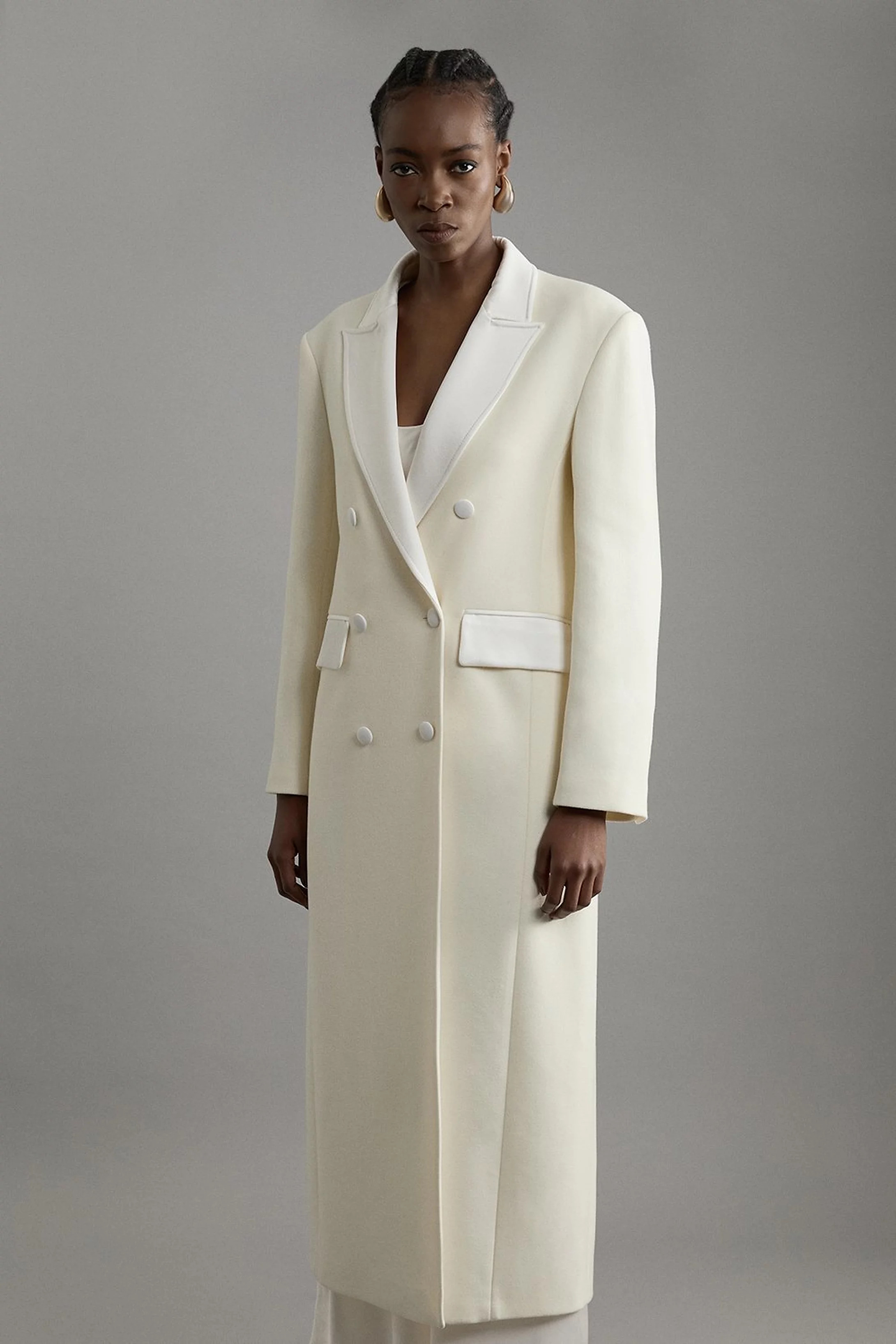 Premium Italian Manteco Wool Satin Collar Double Breasted Tailored Maxi Coat | Karen Millen | Karen Millen UK + IE + DE + NL