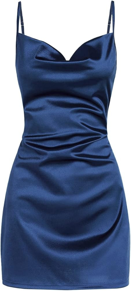 ZAFUL Women's Satin Sleeveless Spaghetti Strap Mini Dress Side Slit Cowl Neck Cocktail Party Dres... | Amazon (US)