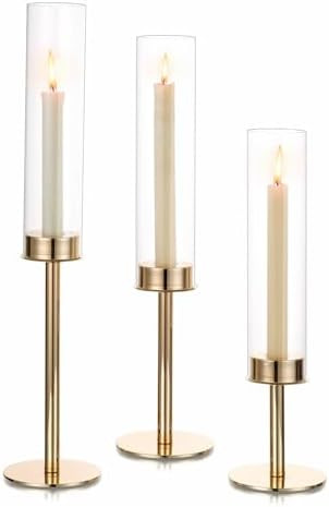 Hewory Gold Candle Holders Hurricane Candlestick Holders, 3Pcs Candle Stick Candle Holder Candela... | Amazon (US)