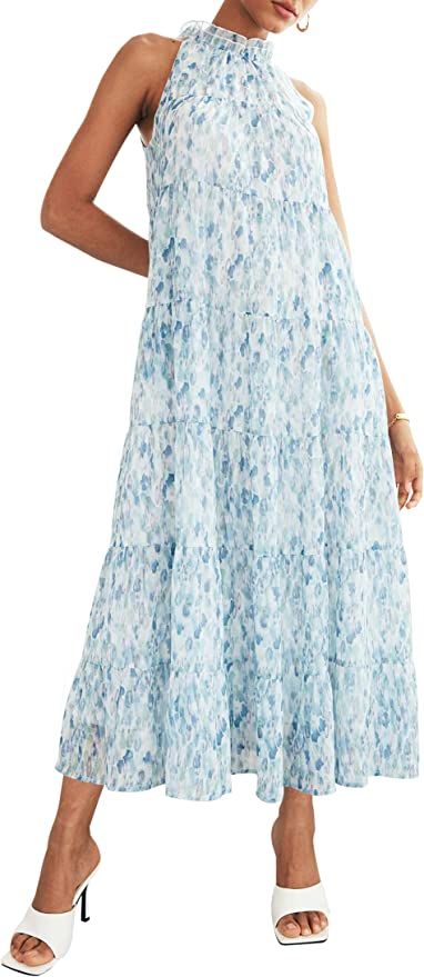 HAEOF Women's 2023 Summer Maxi Dress Casual Floral Tiered Flowy Long Sundress Halter Sleeveless B... | Amazon (US)