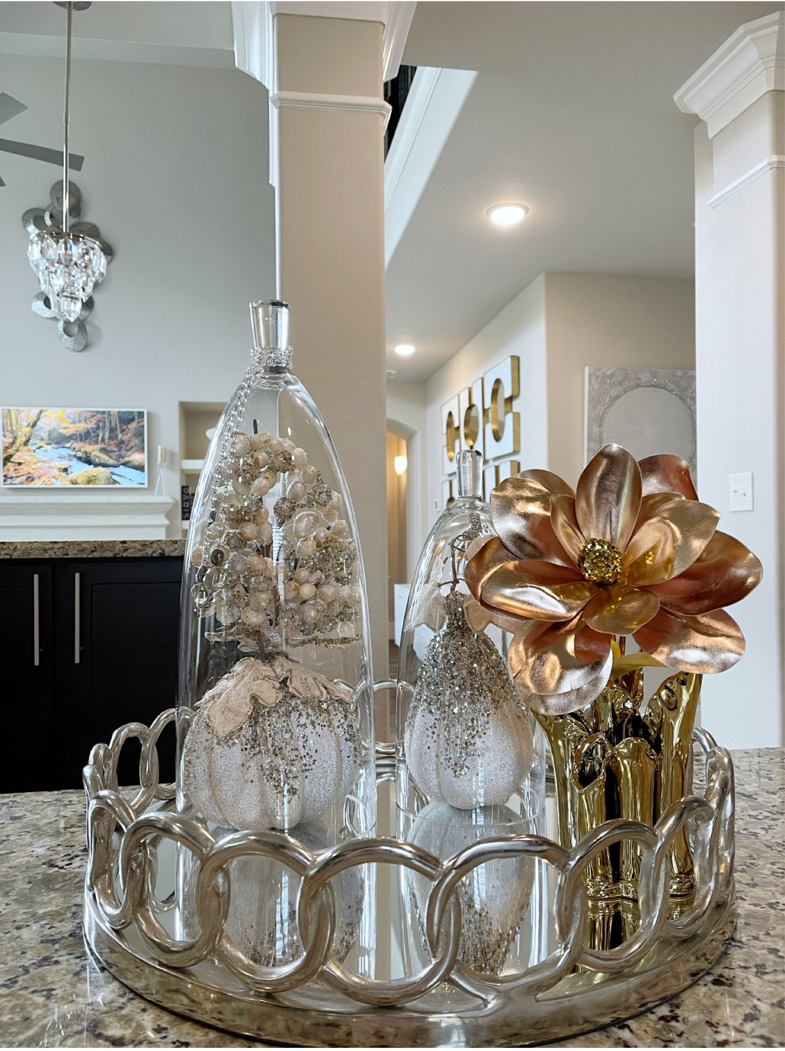 Shop this fall vignette on SALE!!! | fall decor | home decor | pumpkins | fall florals | decorative tray | frame tv | pendant lights | coffee table decor | living room 