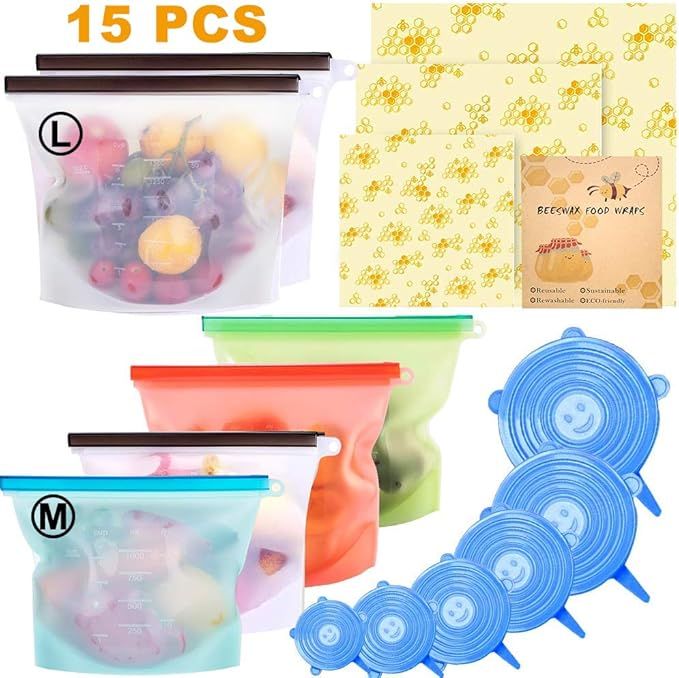 15 Pack Beeswax Wrap & Silicone Food Storage Bag & Silicone Stretch Lids, Eco-Friendly Reusable F... | Amazon (US)