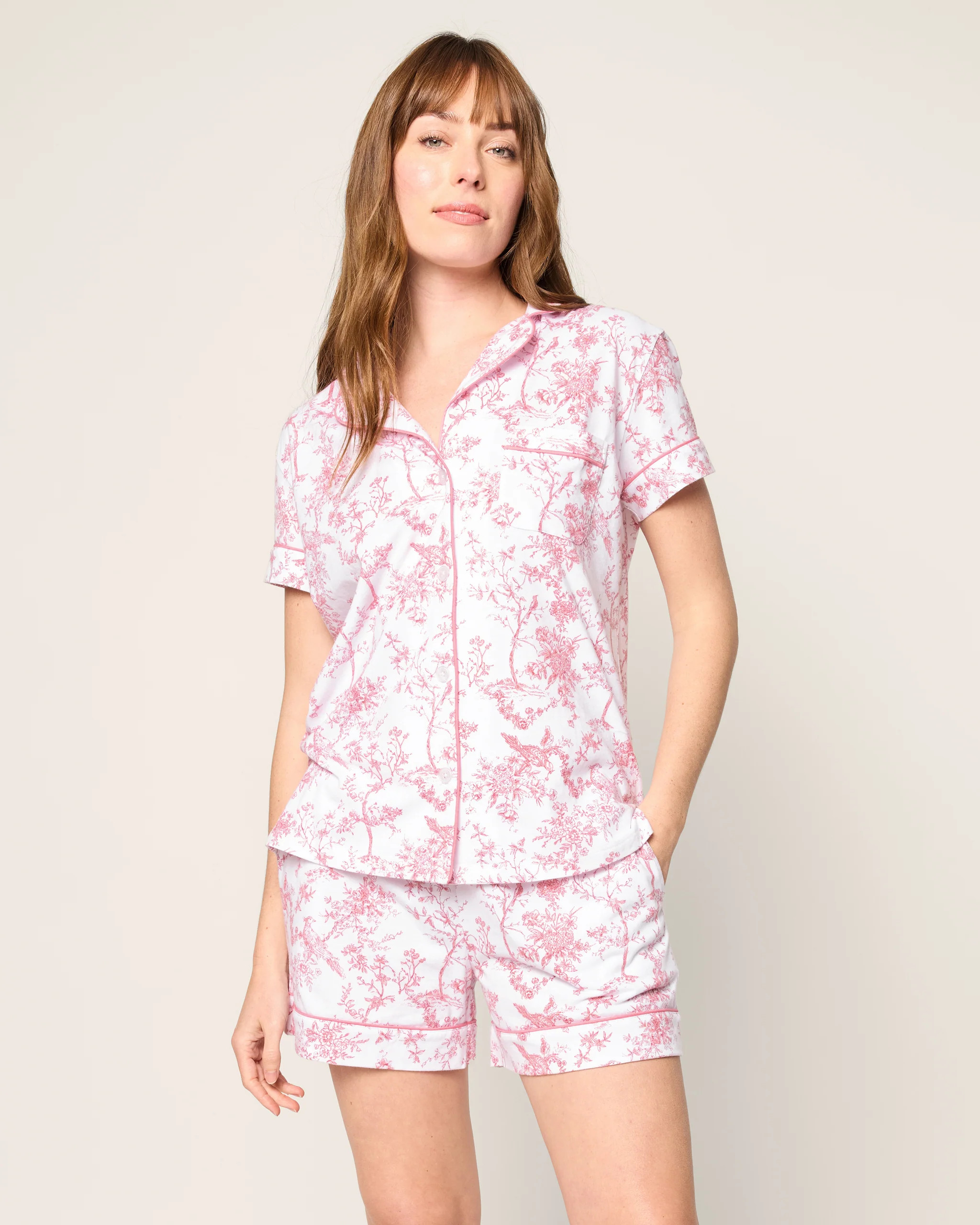 Women's Pima Short Sleeve Short Set in Pink Timeless Toile | Petite Plume