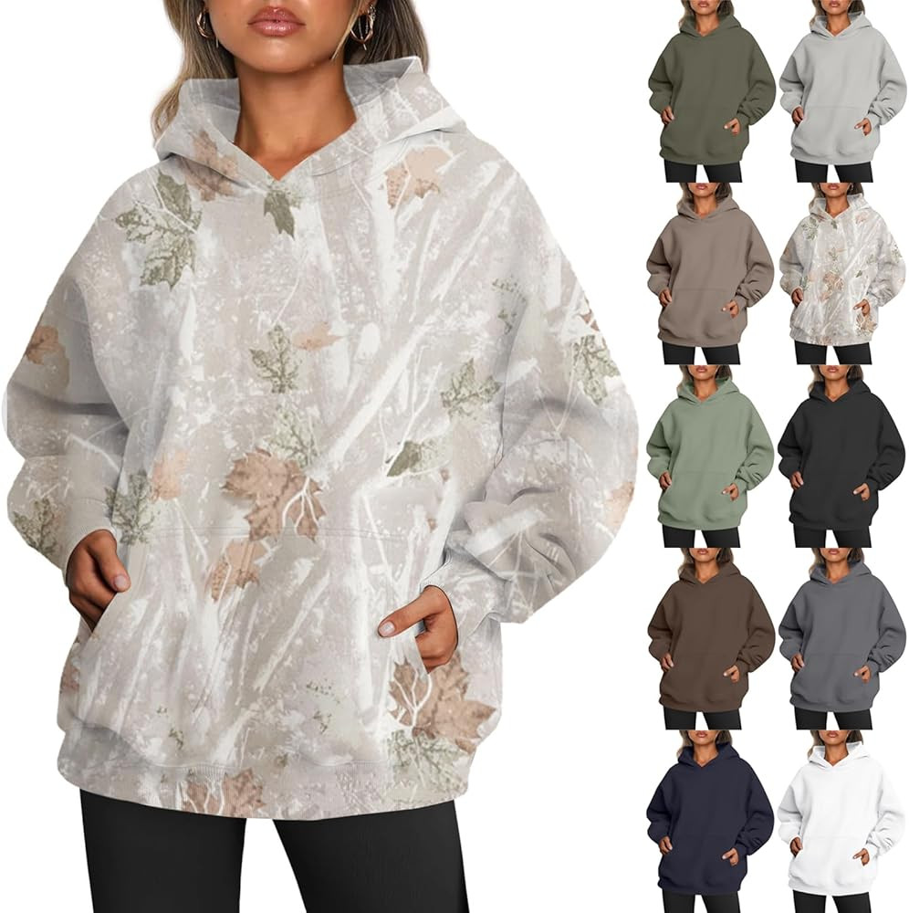 Jielayou Women's Camo Hoodie Maple-Leaf Print Oversized Sweatshirt Fleece Hooded Sweatshirts with... | Amazon (US)