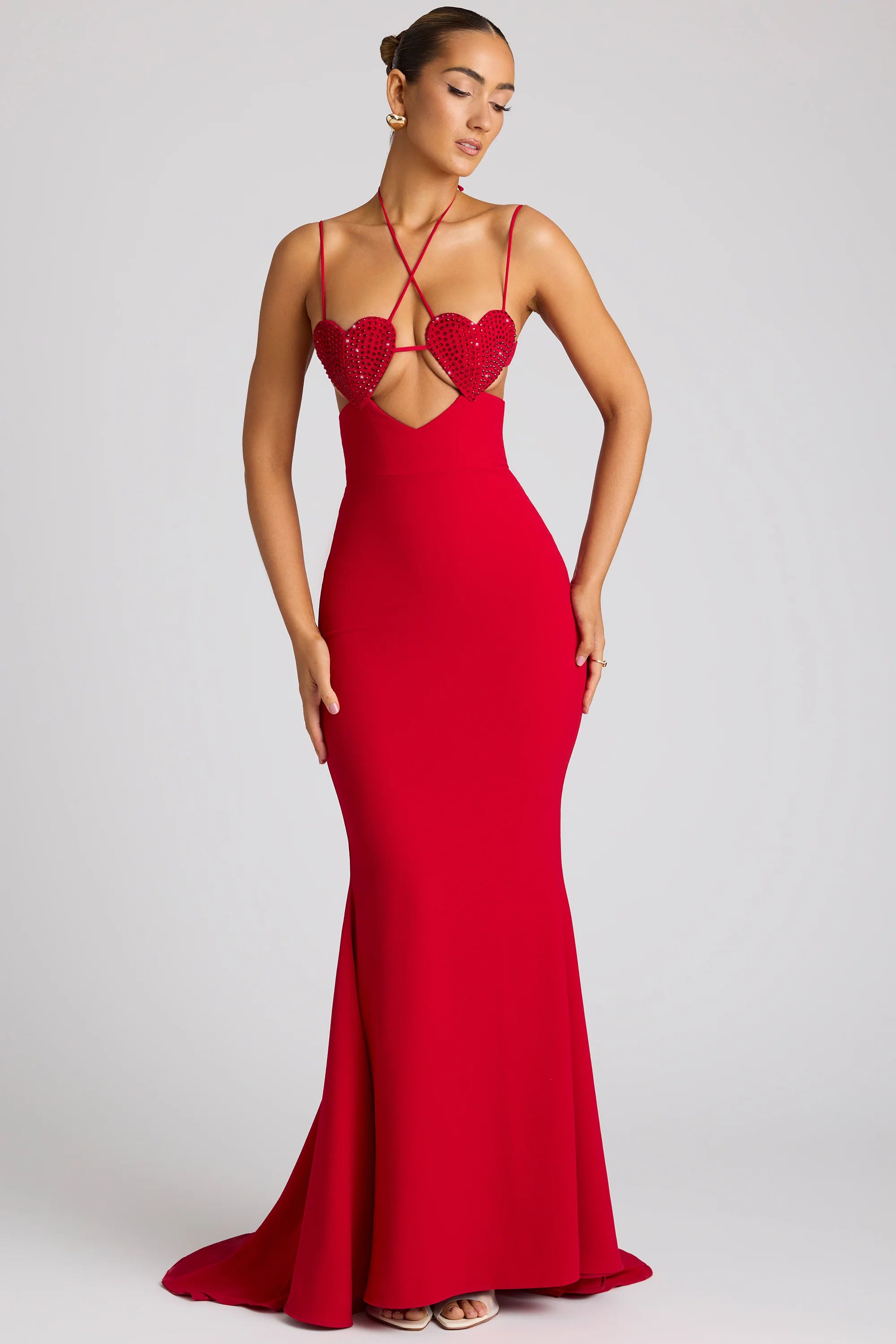 Embellished Heart Cup Detail Evening Gown in Fire Red | Oh Polly