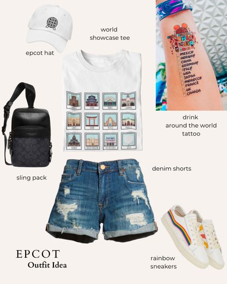 Epcot outfit, drink around the world tattoo, Epcot showcase tee, black sling bag, white hat, rainbow sneakers, denim shorts, theme park outfits

#LTKstyletip #LTKFind #LTKtravel