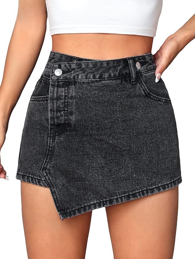 Floerns Women's High Waist Asymmetrical Hem Straight Leg Denim Skirt Skorts | Amazon (US)